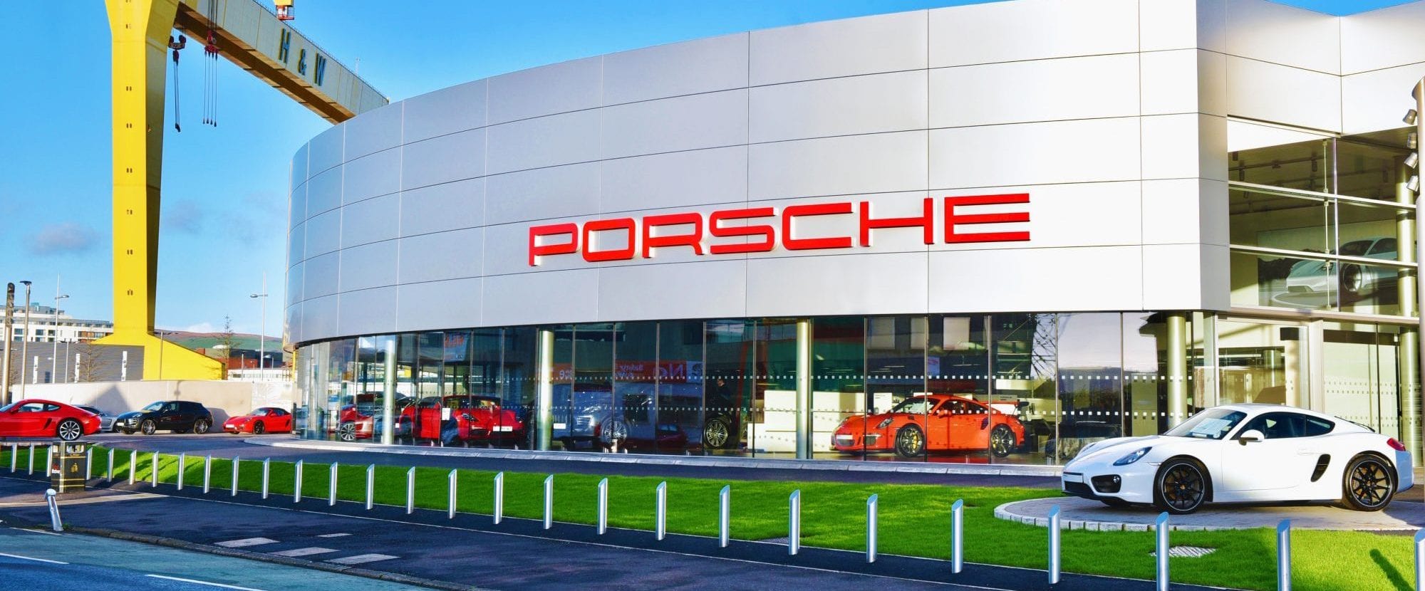 Porsche showroom Belfast next to Harland & Wolf Crane