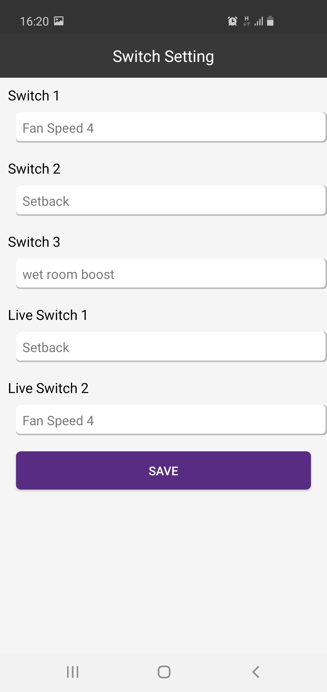 Beam VentSMART app switch setting page