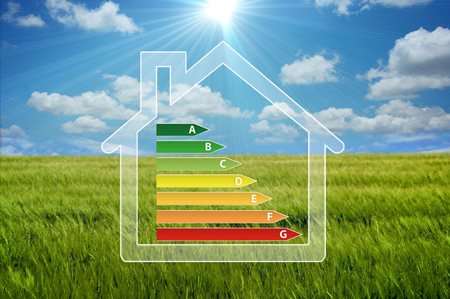 energy efficiency scale inside a diagram of a house with fields and blue sky in the background