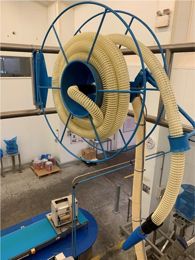 Beam Industrial self-retracting hose reel mounted at factory production station